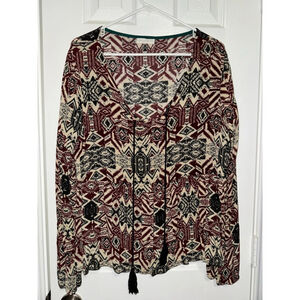 Women's Coco + Jaimeson XL Burgundy Beige Black Patterned Blouse​